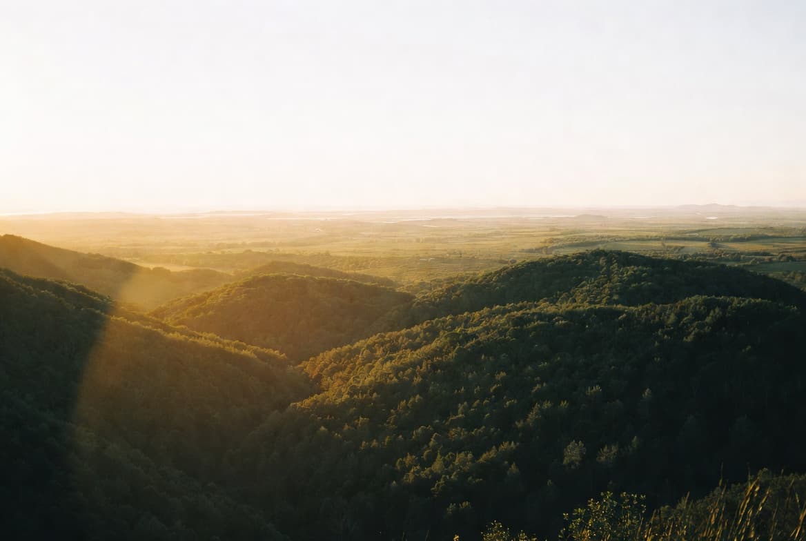 Golden-hour hills meeting a clear horizon